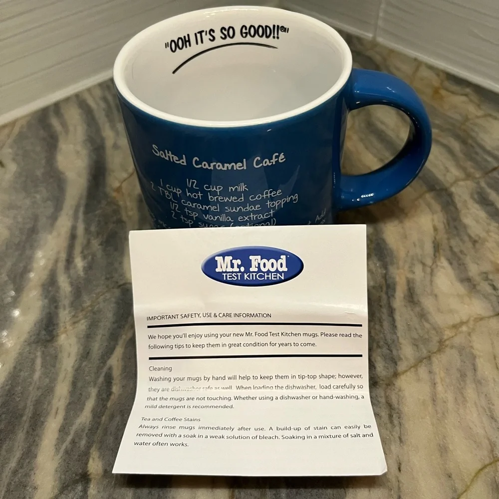 Mr. Food Salted Caramel Cafe Recipe Coffee Tea Mug Blue 16oz New Without Box